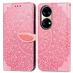 Leather Case Stands Fashionable Pattern Flip Cover Holder S04D for Huawei P50 Rose Gold