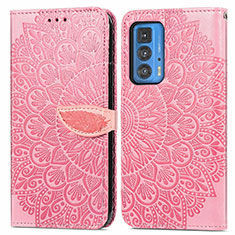 Leather Case Stands Fashionable Pattern Flip Cover Holder S04D for Motorola Moto Edge 20 Pro 5G Rose Gold