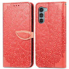 Leather Case Stands Fashionable Pattern Flip Cover Holder S04D for Motorola Moto G200 5G Red