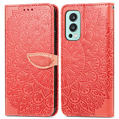 Leather Case Stands Fashionable Pattern Flip Cover Holder S04D for OnePlus Nord 2 5G Red