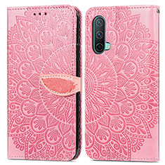 Leather Case Stands Fashionable Pattern Flip Cover Holder S04D for OnePlus Nord CE 5G Rose Gold