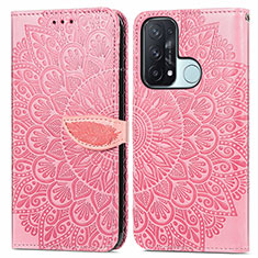 Leather Case Stands Fashionable Pattern Flip Cover Holder S04D for Oppo Reno5 A Rose Gold