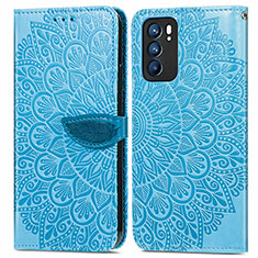 Leather Case Stands Fashionable Pattern Flip Cover Holder S04D for Oppo Reno6 5G Blue