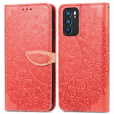 Leather Case Stands Fashionable Pattern Flip Cover Holder S04D for Oppo Reno6 5G Red