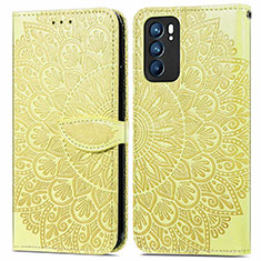 Leather Case Stands Fashionable Pattern Flip Cover Holder S04D for Oppo Reno6 5G Yellow