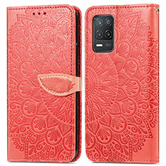 Leather Case Stands Fashionable Pattern Flip Cover Holder S04D for Realme 8 5G Red