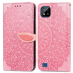 Leather Case Stands Fashionable Pattern Flip Cover Holder S04D for Realme C20A Rose Gold