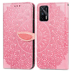 Leather Case Stands Fashionable Pattern Flip Cover Holder S04D for Realme GT 5G Rose Gold