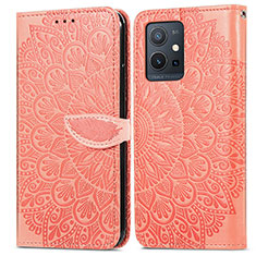Leather Case Stands Fashionable Pattern Flip Cover Holder S04D for Vivo T1 5G India Orange