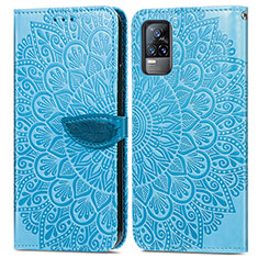 Leather Case Stands Fashionable Pattern Flip Cover Holder S04D for Vivo V21e 4G Blue