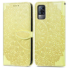 Leather Case Stands Fashionable Pattern Flip Cover Holder S04D for Vivo V21e 4G Yellow