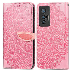 Leather Case Stands Fashionable Pattern Flip Cover Holder S04D for Vivo X70t Rose Gold