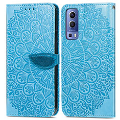 Leather Case Stands Fashionable Pattern Flip Cover Holder S04D for Vivo Y52 5G Blue