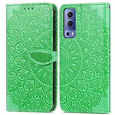 Leather Case Stands Fashionable Pattern Flip Cover Holder S04D for Vivo Y52 5G Green