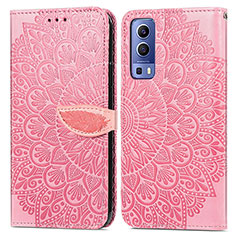 Leather Case Stands Fashionable Pattern Flip Cover Holder S04D for Vivo Y52 5G Rose Gold