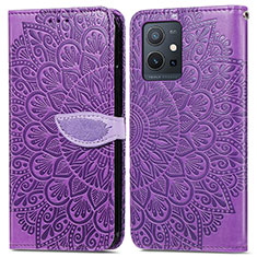 Leather Case Stands Fashionable Pattern Flip Cover Holder S04D for Vivo Y55s 5G Purple