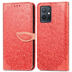 Leather Case Stands Fashionable Pattern Flip Cover Holder S04D for Vivo Y55s 5G Red