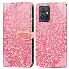 Leather Case Stands Fashionable Pattern Flip Cover Holder S04D for Vivo Y55s 5G Rose Gold