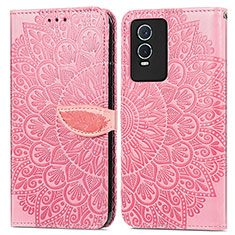 Leather Case Stands Fashionable Pattern Flip Cover Holder S04D for Vivo Y74s 5G Rose Gold