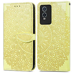 Leather Case Stands Fashionable Pattern Flip Cover Holder S04D for Vivo Y74s 5G Yellow