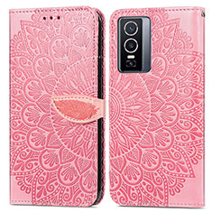 Leather Case Stands Fashionable Pattern Flip Cover Holder S04D for Vivo Y76 5G Rose Gold