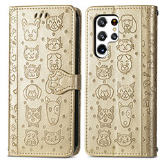 Leather Case Stands Fashionable Pattern Flip Cover Holder S05D for Samsung Galaxy S21 Ultra 5G Gold