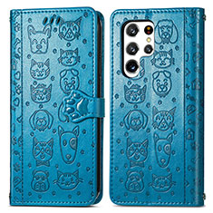 Leather Case Stands Fashionable Pattern Flip Cover Holder S05D for Samsung Galaxy S22 Ultra 5G Blue