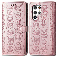 Leather Case Stands Fashionable Pattern Flip Cover Holder S05D for Samsung Galaxy S23 Ultra 5G Pink