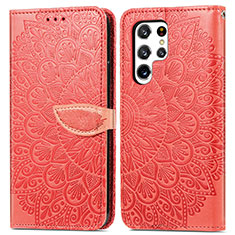 Leather Case Stands Fashionable Pattern Flip Cover Holder S07D for Samsung Galaxy S21 Ultra 5G Red