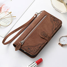 Leather Case Stands Fashionable Pattern Flip Cover Holder S07D for Samsung Galaxy S22 5G Brown