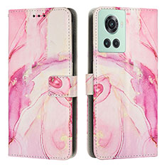 Leather Case Stands Fashionable Pattern Flip Cover Holder Y01X for OnePlus 10R 5G Pink