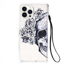 Leather Case Stands Fashionable Pattern Flip Cover Holder Y02B for Apple iPhone 13 Pro Max White