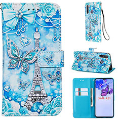 Leather Case Stands Fashionable Pattern Flip Cover Holder Y02B for Samsung Galaxy A21 European Mint Blue