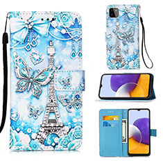 Leather Case Stands Fashionable Pattern Flip Cover Holder Y02B for Samsung Galaxy A22s 5G Mint Blue