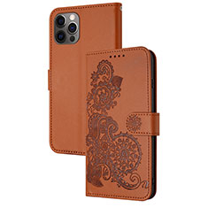 Leather Case Stands Fashionable Pattern Flip Cover Holder Y02X for Apple iPhone 13 Pro Brown