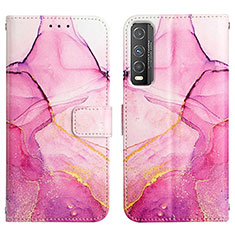 Leather Case Stands Fashionable Pattern Flip Cover Holder Y04B for Vivo Y70S 5G Hot Pink