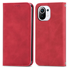 Leather Case Stands Flip Cover C05 Holder for Xiaomi Mi 11 Lite 4G Red