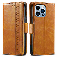 Leather Case Stands Flip Cover F03 Holder for Apple iPhone 14 Pro Light Brown