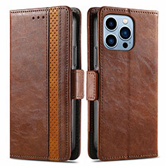 Leather Case Stands Flip Cover F03 Holder for Apple iPhone 15 Pro Brown