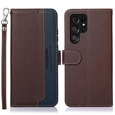 Leather Case Stands Flip Cover Holder A05D for Samsung Galaxy S21 Ultra 5G Brown