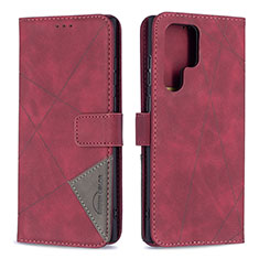 Leather Case Stands Flip Cover Holder B02F for Samsung Galaxy S25 Ultra 5G Red