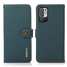 Leather Case Stands Flip Cover Holder B02H for Xiaomi Redmi Note 10 5G Green