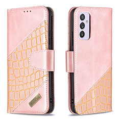 Leather Case Stands Flip Cover Holder B03F for Samsung Galaxy A34 5G Rose Gold