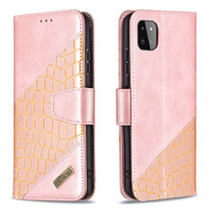 Leather Case Stands Flip Cover Holder B03F for Samsung Galaxy F42 5G Rose Gold