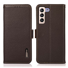 Leather Case Stands Flip Cover Holder B03H for Samsung Galaxy S21 5G Brown