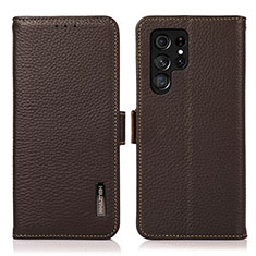 Leather Case Stands Flip Cover Holder B03H for Samsung Galaxy S24 Ultra 5G Brown