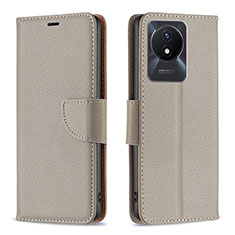 Leather Case Stands Flip Cover Holder B06F for Vivo Y02 Gray