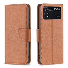 Leather Case Stands Flip Cover Holder B06F for Xiaomi Poco M4 Pro 4G Brown