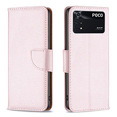 Leather Case Stands Flip Cover Holder B06F for Xiaomi Poco M4 Pro 4G Rose Gold