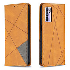 Leather Case Stands Flip Cover Holder B07F for Oppo Reno6 5G Light Brown